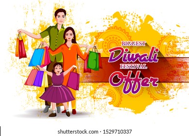 easy to edit vector illustration of Indian family wishing Diwali on Hindu festival of India Sale promotion advertisement background