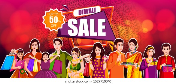 easy to edit vector illustration of Indian family wishing Diwali on Hindu festival of India Sale promotion advertisement background