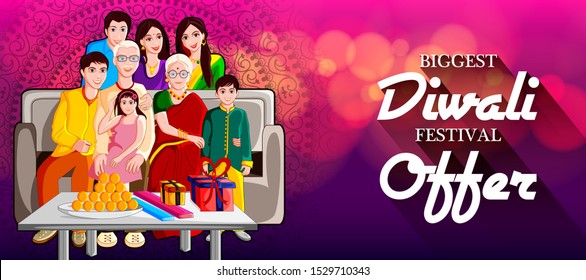 easy to edit vector illustration of Indian family wishing Diwali on Hindu festival of India Sale promotion advertisement background