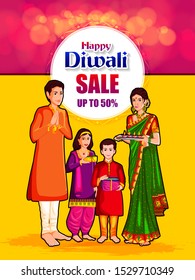 easy to edit vector illustration of Indian family wishing Diwali on Hindu festival of India Sale promotion advertisement background