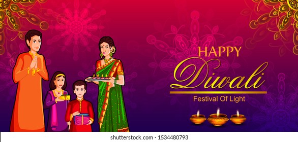 easy to edit vector illustration of Indian family wishing Diwali background with message meaning Happy Deepawali