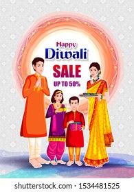 easy to edit vector illustration of Indian family wishing Diwali on Hindu festival of India Sale promotion advertisement background