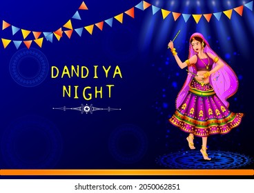easy to edit vector illustration of Indian people dancing Garba dance for Dandiya Disco Night event on Navratri Dussehra festival of India