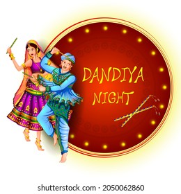 easy to edit vector illustration of Indian people dancing Garba dance for Dandiya Disco Night event on Navratri Dussehra festival of India