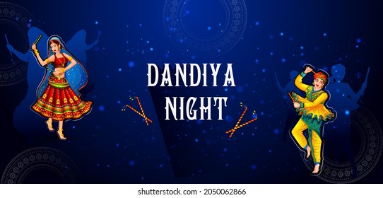fácil de editar ilustración vectorial de indios bailando Garba para el evento Dandiya Disco Night en el festival Navratri Dussehra de India