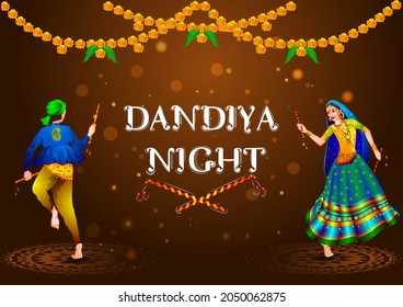 easy to edit vector illustration of Indian people dancing Garba dance for Dandiya Disco Night event on Navratri Dussehra festival of India