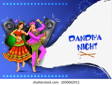 easy to edit vector illustration of Indian people dancing Garba dance for Dandiya Disco Night event on Navratri Dussehra festival of India