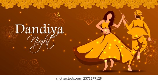 easy to edit vector illustration of Indian people dancing Garba dance for Dandiya Disco Night event on Navratri Dussehra festival of India