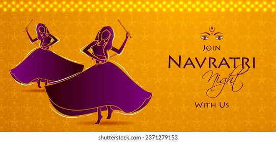 easy to edit vector illustration of Indian people dancing Garba dance for Dandiya Disco Night event on Navratri Dussehra festival of India