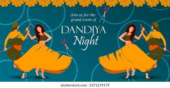 easy to edit vector illustration of Indian people dancing Garba dance for Dandiya Disco Night event on Navratri Dussehra festival of India