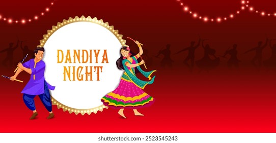 easy to edit vector illustration of Indian people dancing Garba dance for Dandiya Disco Night event on Navratri Dussehra festival of India