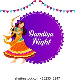 easy to edit vector illustration of Indian people dancing Garba dance for Dandiya Disco Night event on Navratri Dussehra festival of India