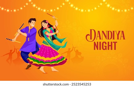 easy to edit vector illustration of Indian people dancing Garba dance for Dandiya Disco Night event on Navratri Dussehra festival of India