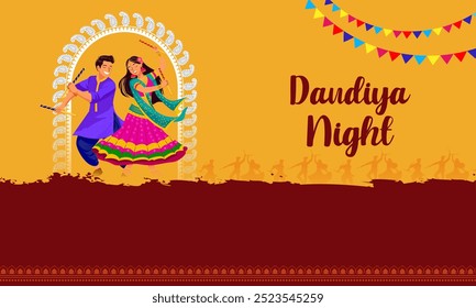 easy to edit vector illustration of Indian people dancing Garba dance for Dandiya Disco Night event on Navratri Dussehra festival of India