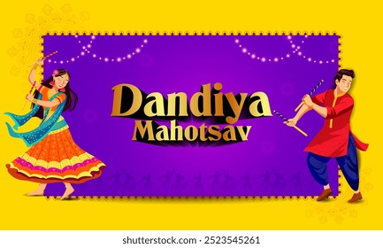 easy to edit vector illustration of Indian people dancing Garba dance for Dandiya Disco Night event on Navratri Dussehra festival of India