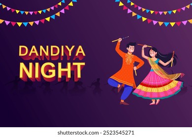 easy to edit vector illustration of Indian people dancing Garba dance for Dandiya Disco Night event on Navratri Dussehra festival of India