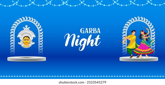 easy to edit vector illustration of Indian people dancing Garba dance for Dandiya Disco Night event on Navratri Dussehra festival of India