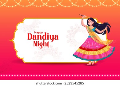 easy to edit vector illustration of Indian people dancing Garba dance for Dandiya Disco Night event on Navratri Dussehra festival of India