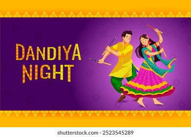 easy to edit vector illustration of Indian people dancing Garba dance for Dandiya Disco Night event on Navratri Dussehra festival of India