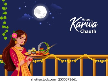 easy to edit vector illustration of Indian festival background Karva Chauth celebrated by Hindu women