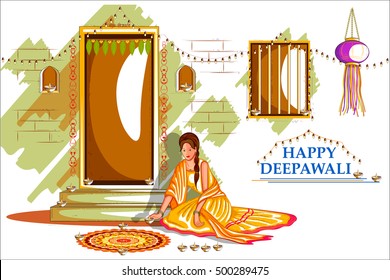 easy to edit vector illustration of Indian lady with decorated hanging light for Happy Diwali holiday India background