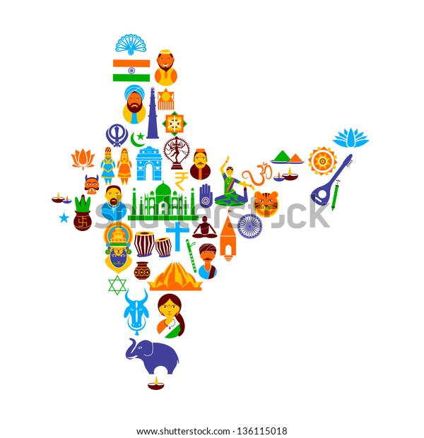 異なる文化的シンボルで形成されたインドの地図のベクターイラストを簡単に編集できる のベクター画像素材 ロイヤリティフリー