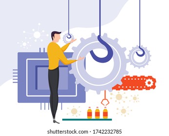 fácil edición de la ilustración vectorial del concepto de producción o mantenimiento de plantas industriales y manufacturas