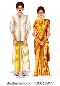 easy to edit vector illustration of Keralite wedding couple in traditional costume of Kerala, India