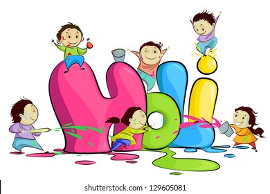 easy to edit vector illustration of kids enjoying Holi