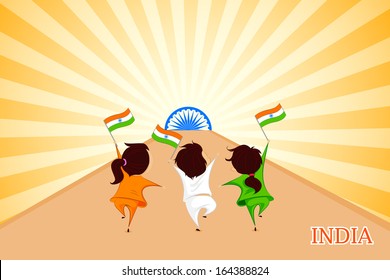 easy to edit vector illustration of kids with Indian flag
