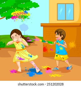 easy to edit vector illustration of kids enjoying Holi