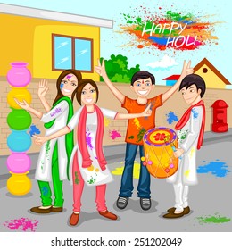 easy to edit vector illustration of kids enjoying Holi