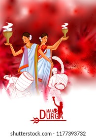 easy to edit vector illustration of ladies dancing with dhunuchi for Happy Durga Puja India festival holiday background