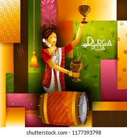 easy to edit vector illustration of ladies dancing with dhunuchi for Happy Durga Puja India festival holiday background
