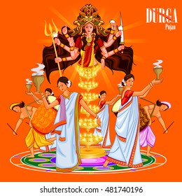 easy to edit vector illustration of ladies dancing with dhunuchi for Happy Durga Puja India festival holiday background