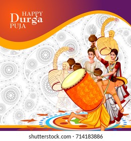 easy to edit vector illustration of ladies dancing with dhunuchi for Happy Durga Puja India festival holiday background