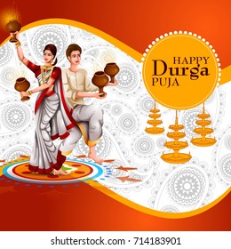 easy to edit vector illustration of ladies dancing with dhunuchi for Happy Durga Puja India festival holiday background
