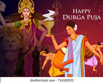easy to edit vector illustration of ladies dancing with dhunuchi for Happy Durga Puja India festival holiday background