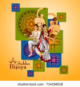 easy to edit vector illustration of ladies dancing with dhunuchi for Happy Durga Puja India festival holiday background