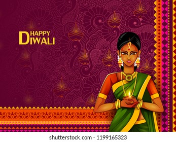 easy to edit vector illustration of lady holding decorated diya for Happy Diwali holiday background