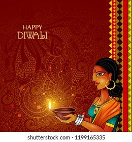 easy to edit vector illustration of lady holding decorated diya for Happy Diwali holiday background