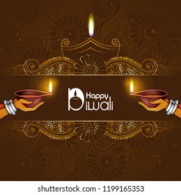 easy to edit vector illustration of lady holding decorated diya for Happy Diwali holiday background