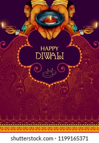 easy to edit vector illustration of lady holding decorated diya for Happy Diwali holiday background