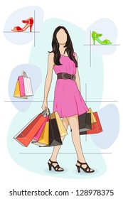 easy to edit vector illustration of lady shopping in shoe store