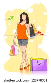 easy to edit vector illustration of lady shopping in shoe store