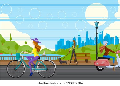 easy to edit vector illustration of lady in urban city