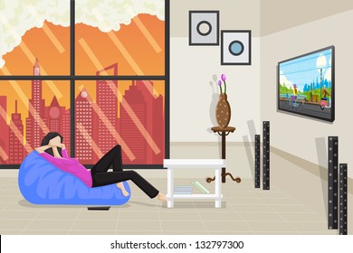 easy to edit vector illustration of lady relaxing and watching television