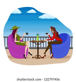 easy to edit vector illustration of lady friend drinking coffee in cafe