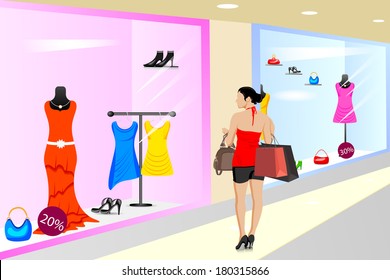 easy to edit vector illustration of lady shopping in Store