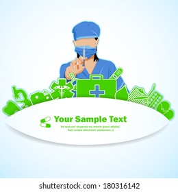 easy to edit vector illustration of lady surgeon showing syringe over medical background